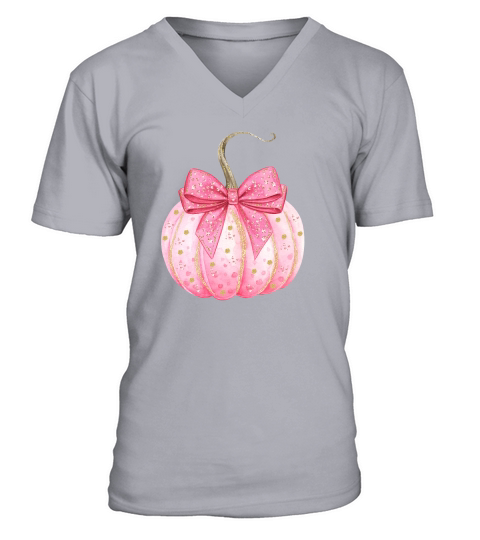 Preppy Pink Gold Glitter Pumpkin V-Neck T-shirt
