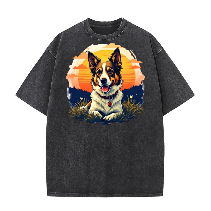 Happy Dog Sunset 1 Washed T-Shirt