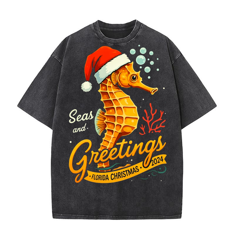 Seas And Greetings Florida Christmas 2024 Washed T-Shirt