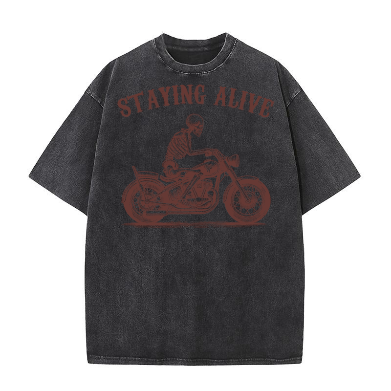Staying Alive Skeleton riding Motorcycle L V2 Brown Washed T-Shirt