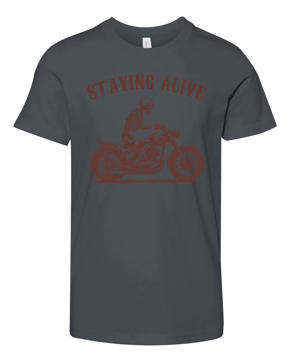 Staying Alive Skeleton riding Motorcycle L V2 Brown Youth Unisex Jersey Tee