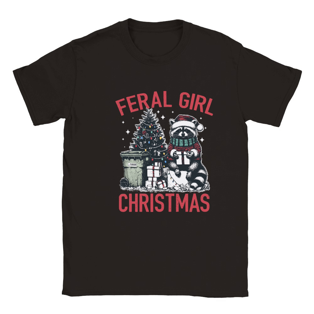 Feral Girl Christmas Raccoon D Color Red Classic Kids Crewneck T-shirt