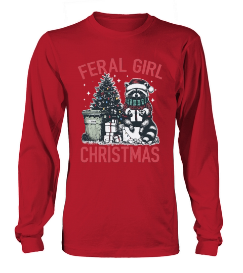 Feral Girl Christmas Raccoon D Color Red Long sleeved Unisex