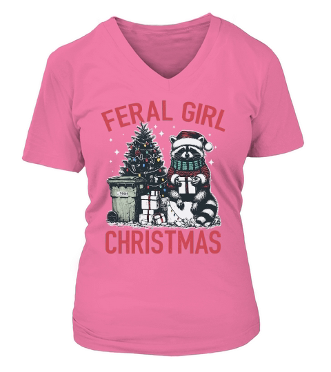 Feral Girl Christmas Raccoon D Color Red V-neck T-Shirt Woman