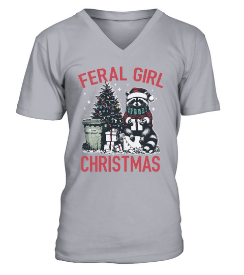 Feral Girl Christmas Raccoon D Color Red V-Neck T-shirt