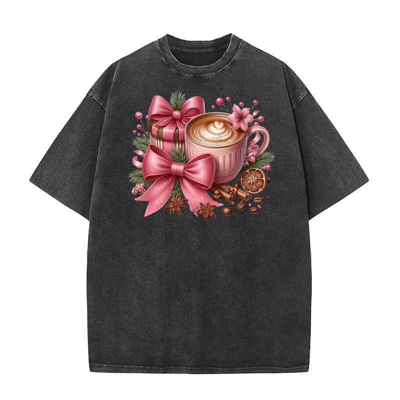 Christmas Coffee Pink Coquette Bow (5) Washed T-Shirt