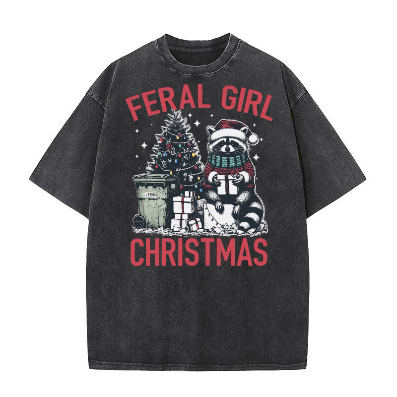 Feral Girl Christmas Raccoon D Color Red Washed T-Shirt