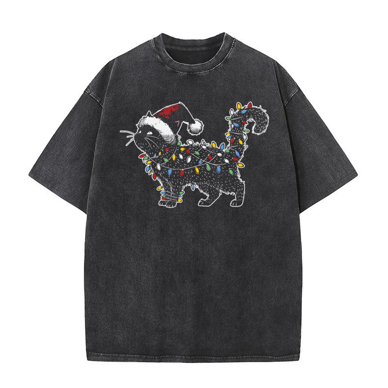 MERRY CAT WRAPPED BY CHRISTMAS LIGHTS D Washed T-Shirt