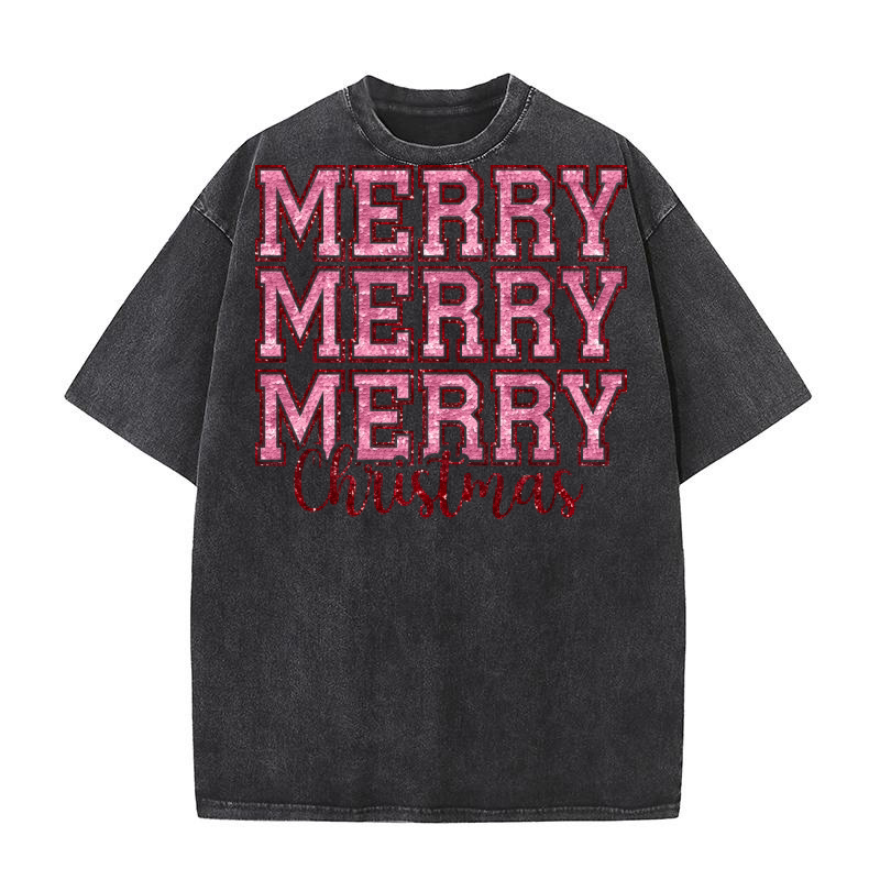 Pink Sequint Merry Christmas Washed T-Shirt