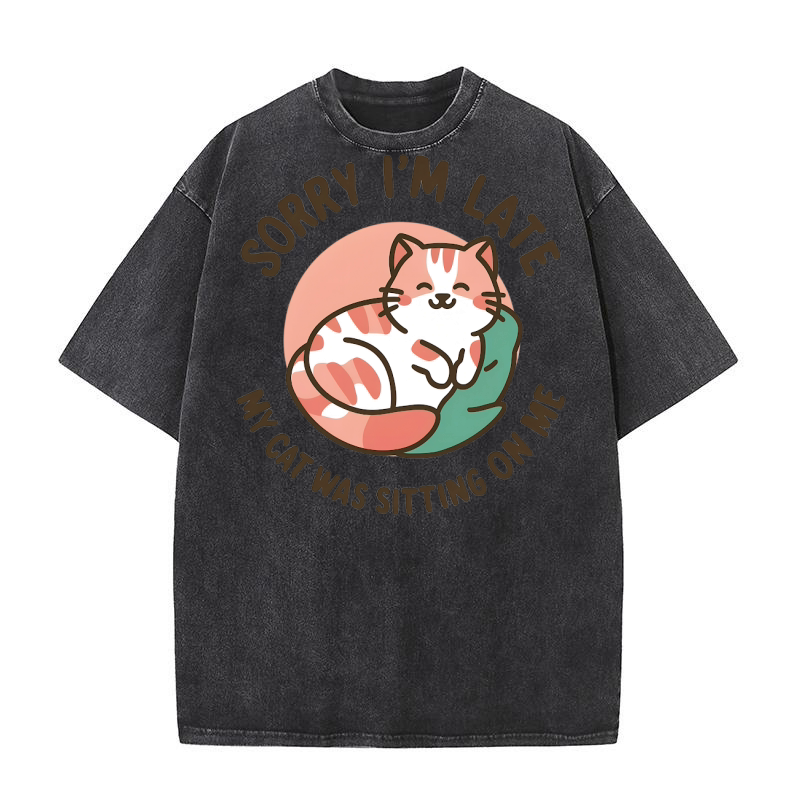 Sorry Im late my cat Was Sitting On Me Washed T-Shirt