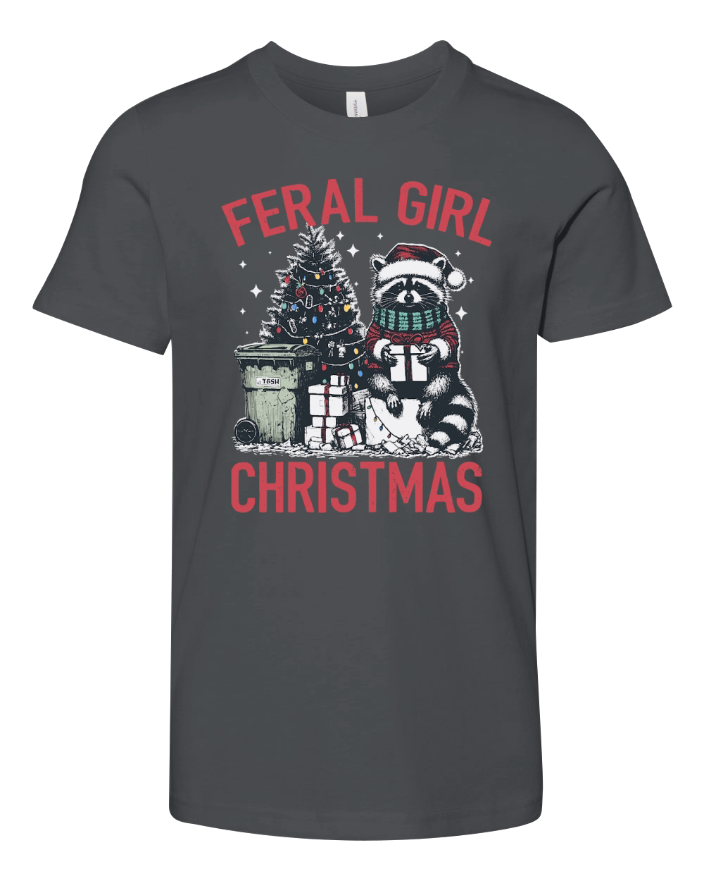 Feral Girl Christmas Raccoon D Color Red Youth Unisex Jersey Tee