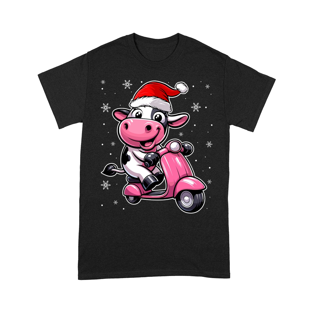 adorable Cow Riding Scooter wearing santa hat Comfort T-shirt