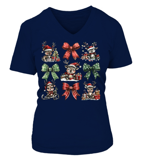 Christmas Coquette Bow Reindeer V-neck T-Shirt Woman