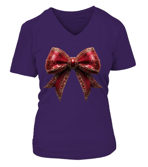 Coquette Christmas Glittery Bow 2 V-neck T-Shirt Woman