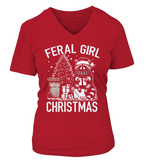 Feral Girl Christmas Raccoon D Color TR V-neck T-Shirt Woman