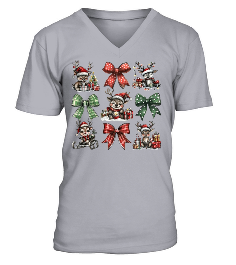Christmas Coquette Bow Reindeer V-Neck T-shirt