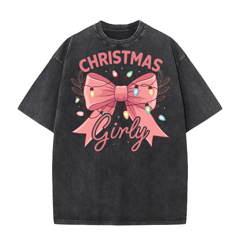 Christmas Girly Pink Coquette Bow Washed T-Shirt