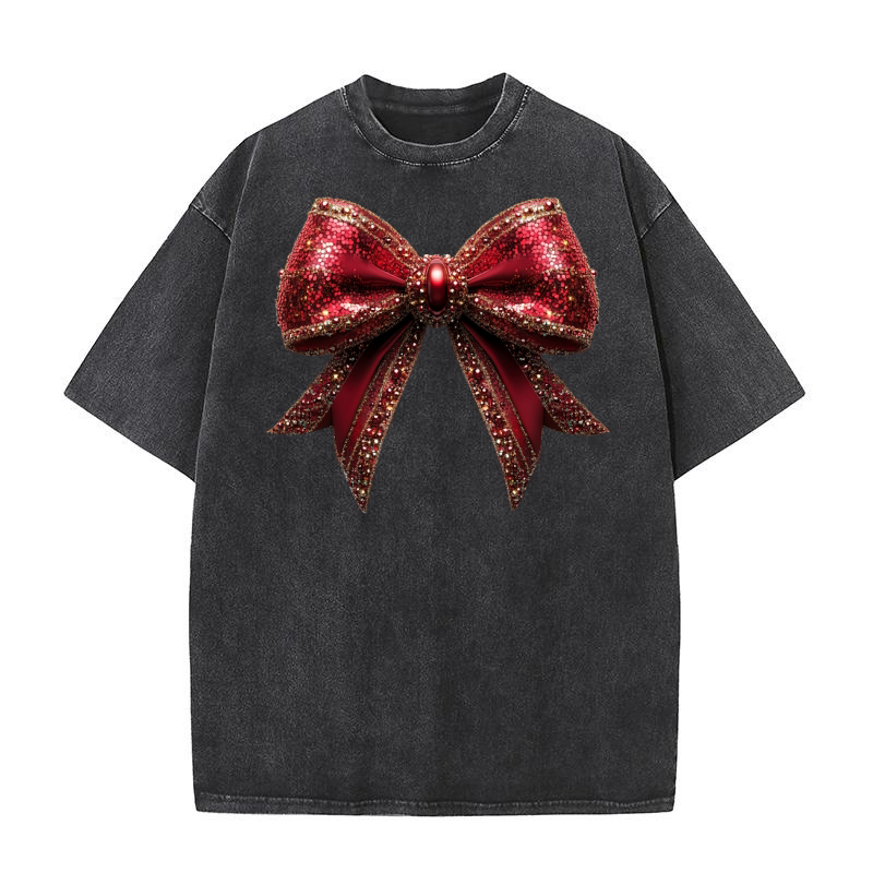 Coquette Christmas Glittery Bow 2 Washed T-Shirt