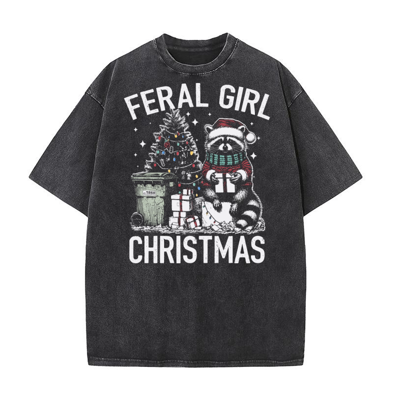 Feral Girl Christmas Raccoon D Color TR Washed T-Shirt