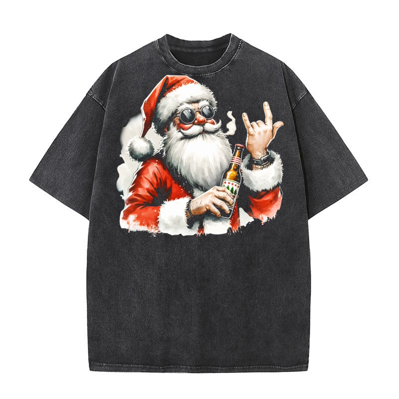 Rockin Santa with Beer 4 Washed T-Shirt