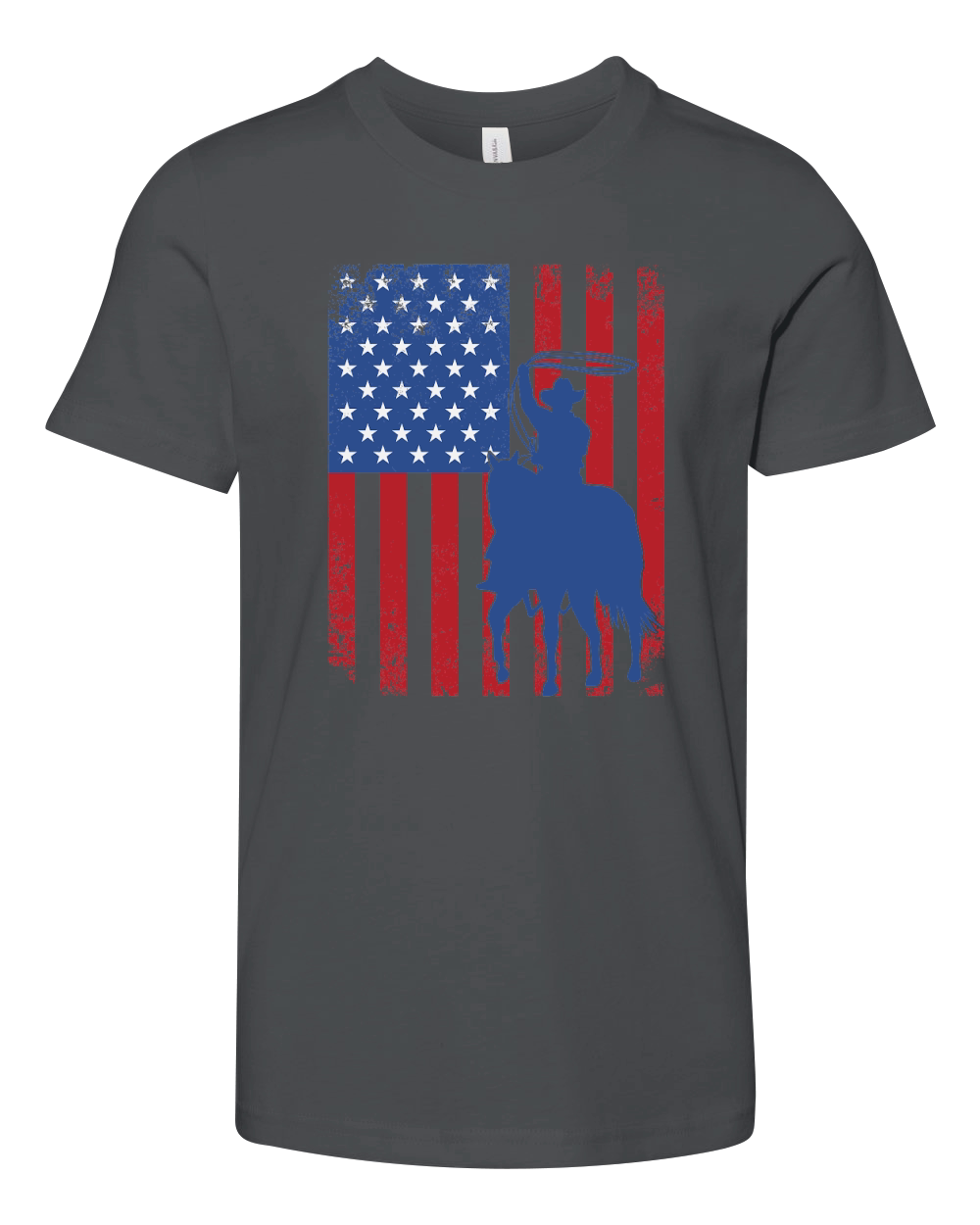 Rodeo Team Roping Distressed Grunge Cowboy American Flag Youth Unisex Jersey Tee