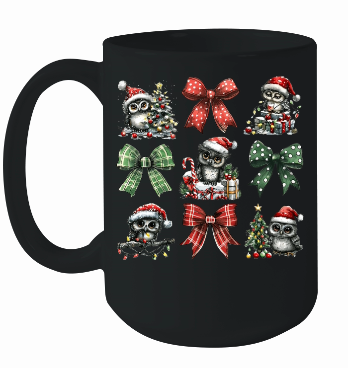 Christmas Coquette Bow Owl Ceramic Mug