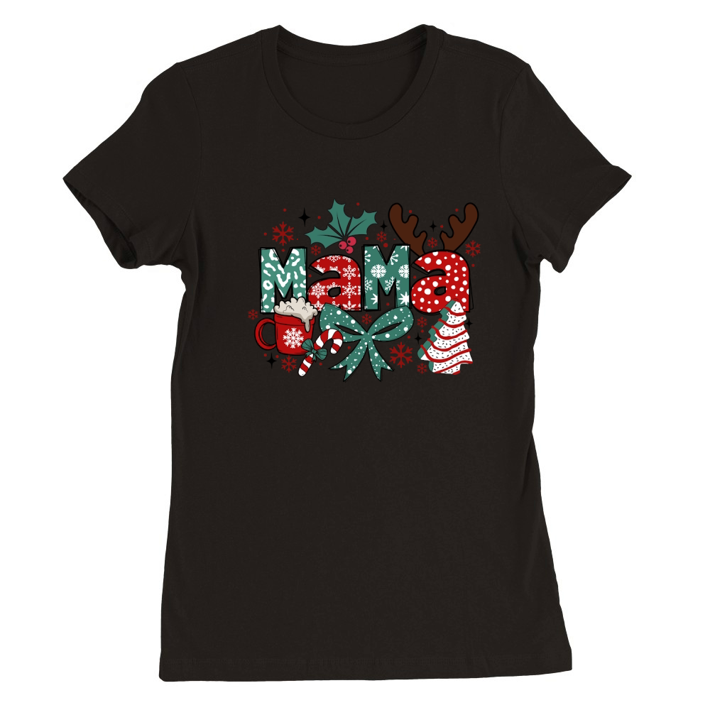 Christmas Mama Coquette bow Candy Cane Santa Hot Cocoa Premium Womens Crewneck T-shirt