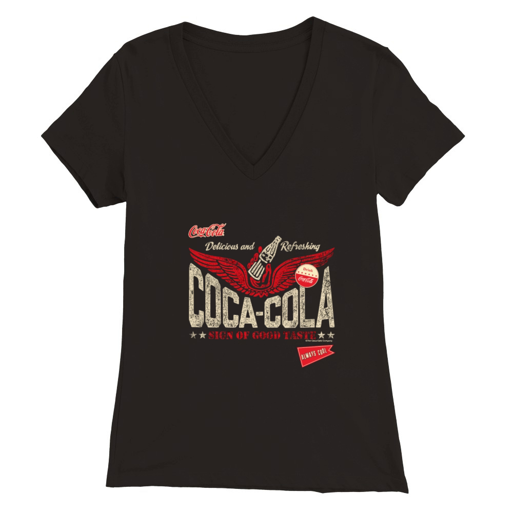 Coca-Cola Sign Of Good Taste Wings Vintage Logo Premium Womens V-Neck T-shirt