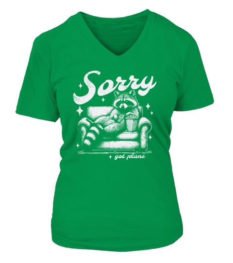 Sorry Got Plans Raccoon Sofa Popcorn D White GR V-neck T-Shirt Woman
