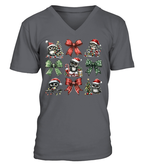 Christmas Coquette Bow Owl V-Neck T-shirt