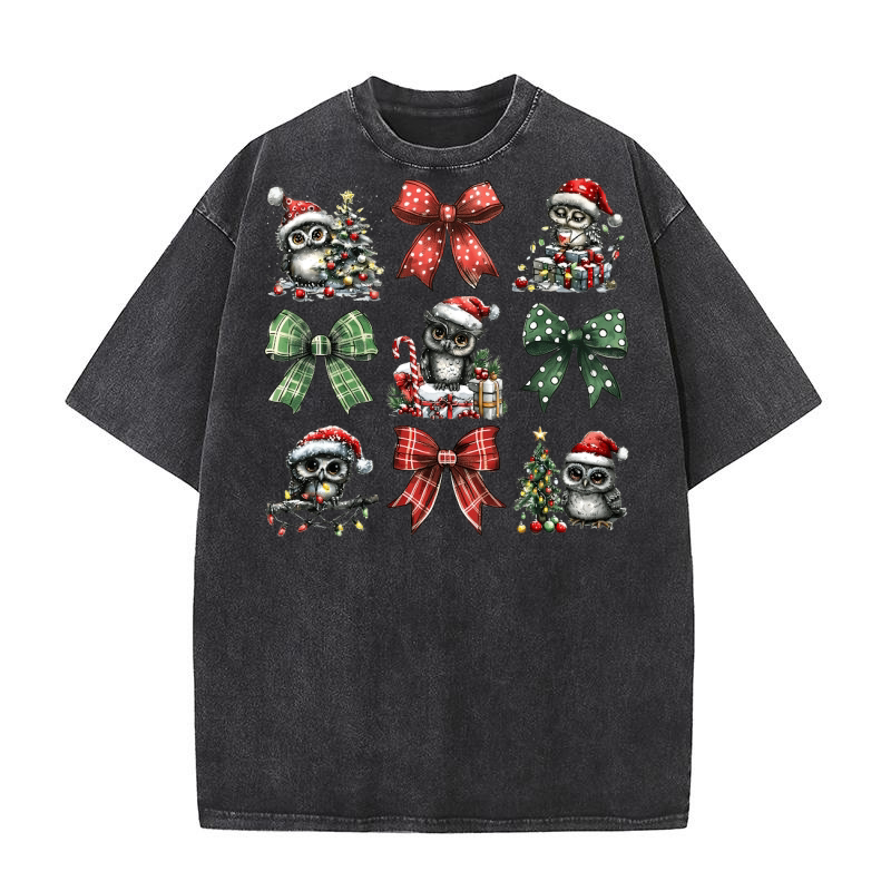 Christmas Coquette Bow Owl Washed T-Shirt