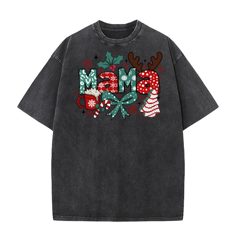 Christmas Mama Coquette bow Candy Cane Santa Hot Cocoa Washed T-Shirt