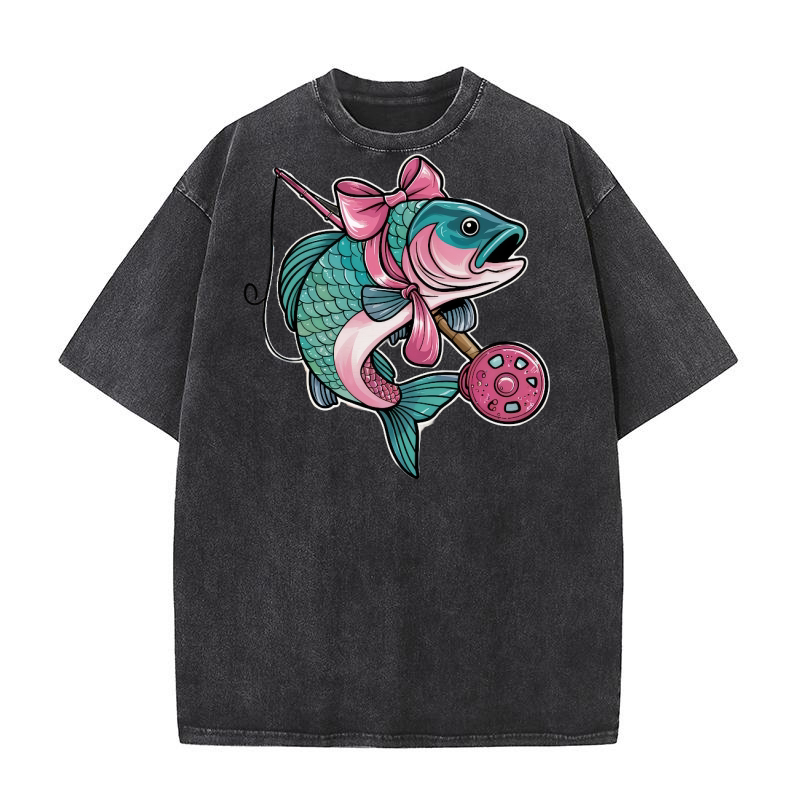 Cute Fishing Bow Pink Washed T-Shirt