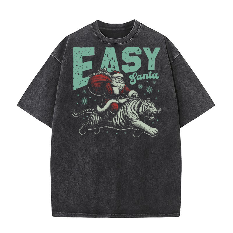 Easy Santa Riding Tiger D Retro Green REd Washed T-Shirt
