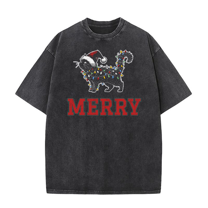 MERRY CAT WRAPPED BY CHRISTMAS LIGHTS D Color 1 Washed T-Shirt