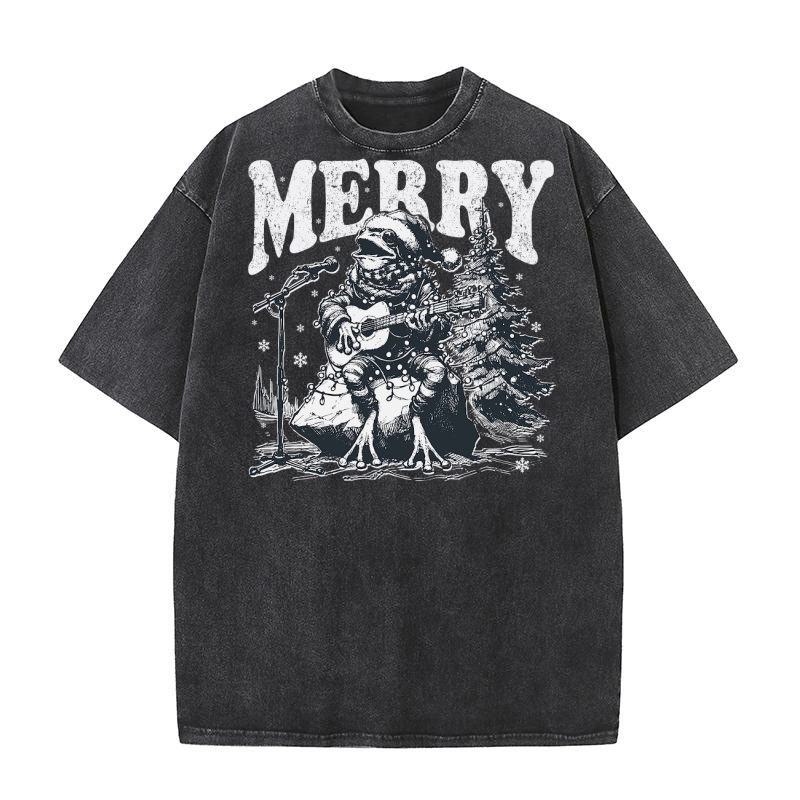 Merry Christmas Frog Playing Guitar D Black White Washed T-Shirt