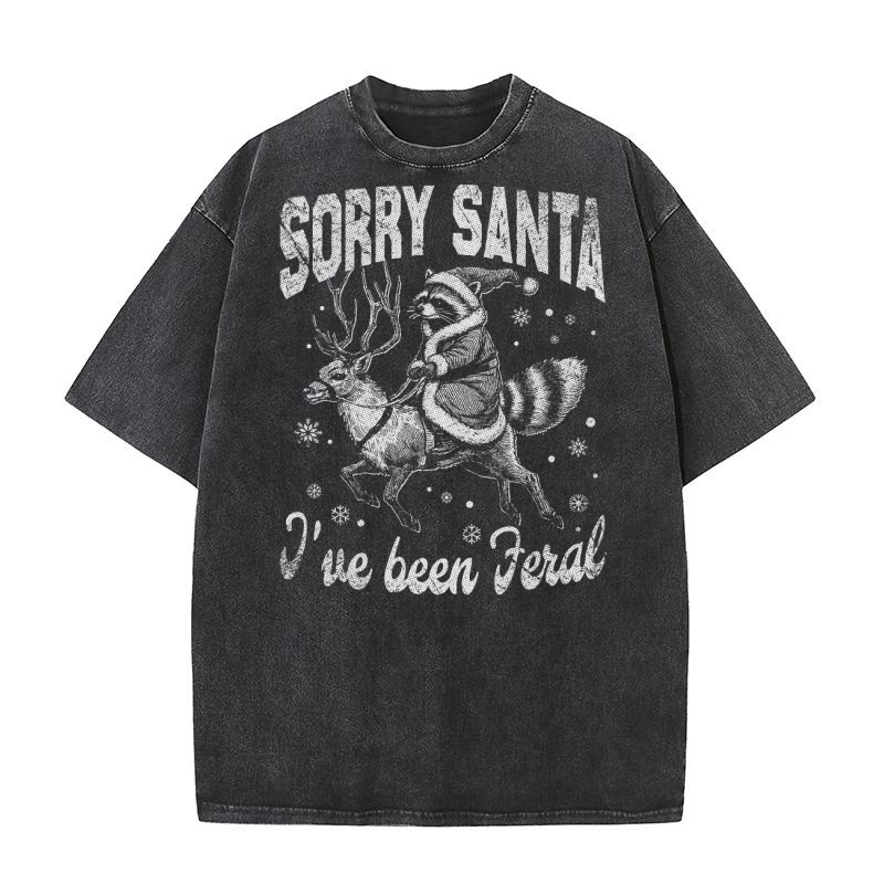 Raccoon Santa Riding Reindeer D White GR Washed T-Shirt