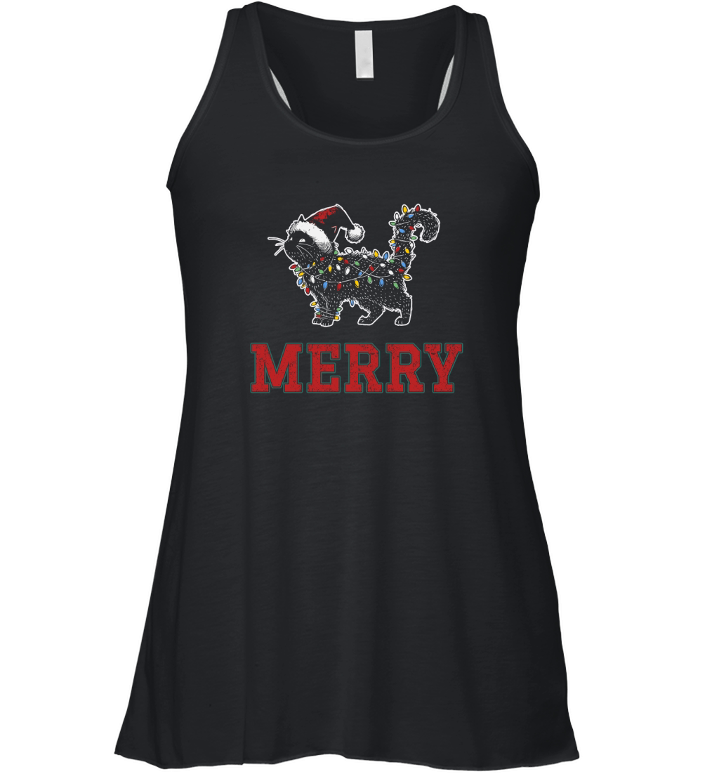 MERRY CAT WRAPPED BY CHRISTMAS LIGHTS D Color 1 Women's Flowy Tank Top
