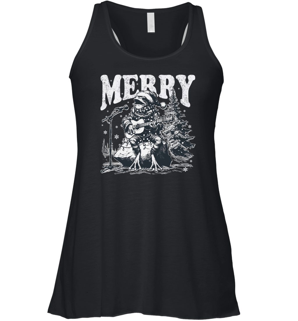 Merry Christmas Frog Playing Guitar D Black White Women's Flowy Tank Top