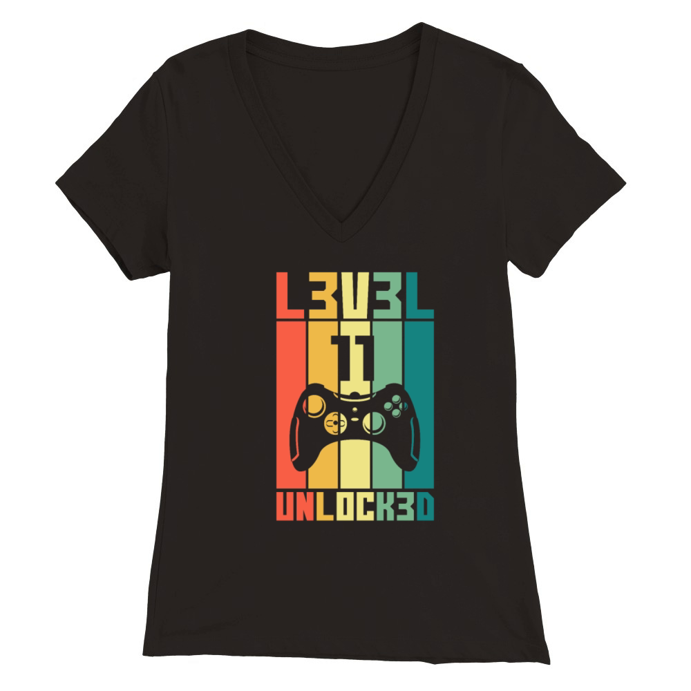 Level 11 Unlocked Vintage Gamer 11th Birthday Gift Premium Womens V-Neck T-shirt