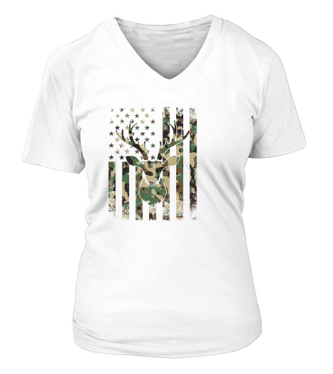 Camo US Flag Deer Skull Vintage Hunting 1 V-neck T-Shirt Woman