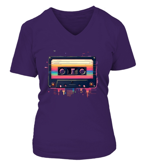Retro Cassette Tape with Rainbow V-neck T-Shirt Woman