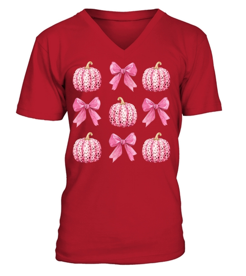 Pink Coquette Bows and Pumpkins V-Neck T-shirt