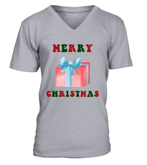 Red gift box with blue ribbon and bow Merry Christmas 3 V-Neck T-shirt