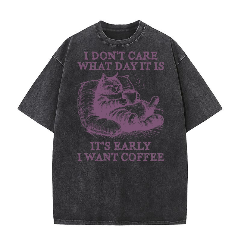 Cat Don’t Care Just Want Coffee L Purple Washed T-Shirt
