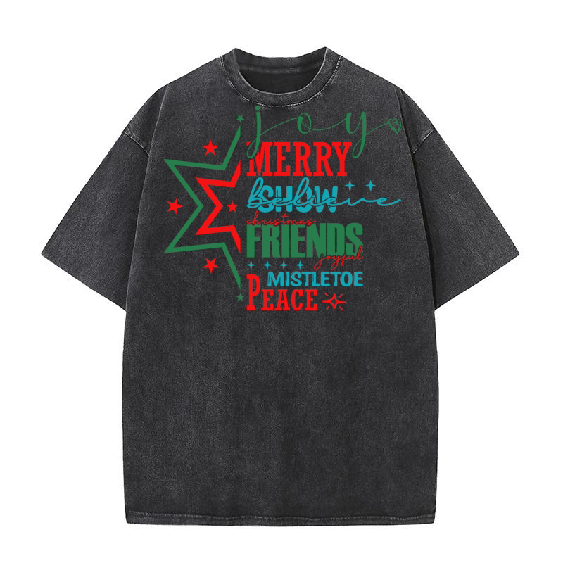 Merry Joyful Believe Christmas Friends Joyful Mistletoe Peace Washed T-Shirt
