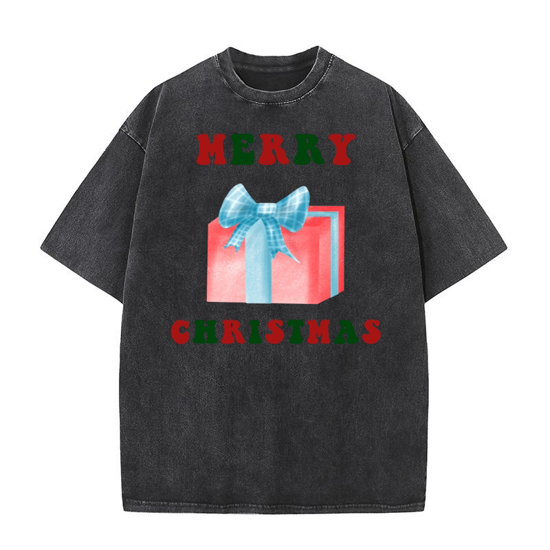 Red gift box with blue ribbon and bow Merry Christmas 3 Washed T-Shirt