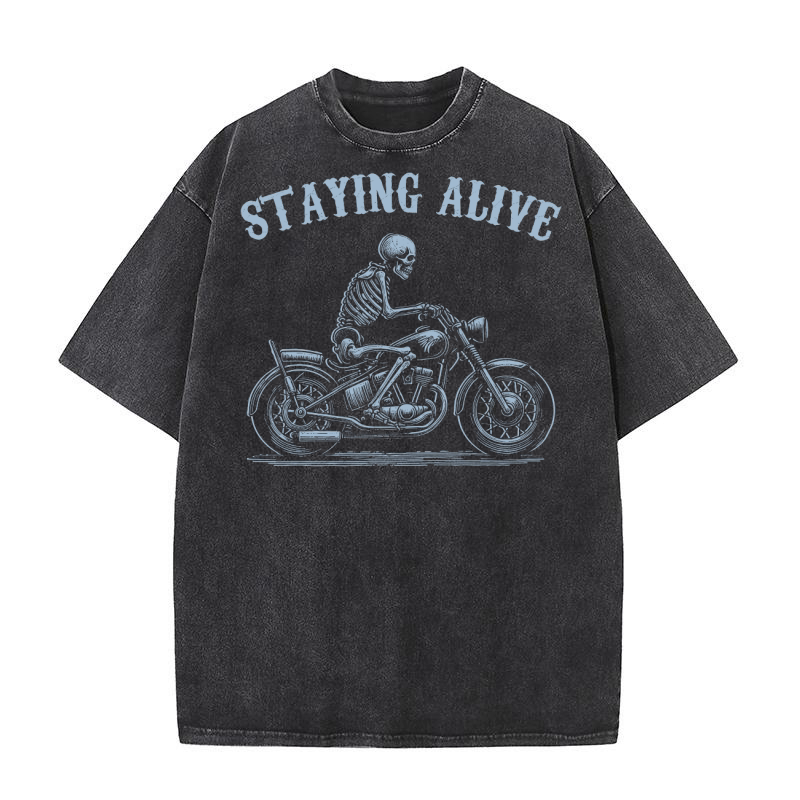 Staying Alive Skeleton riding Motorcycle D Grey Washed T-Shirt