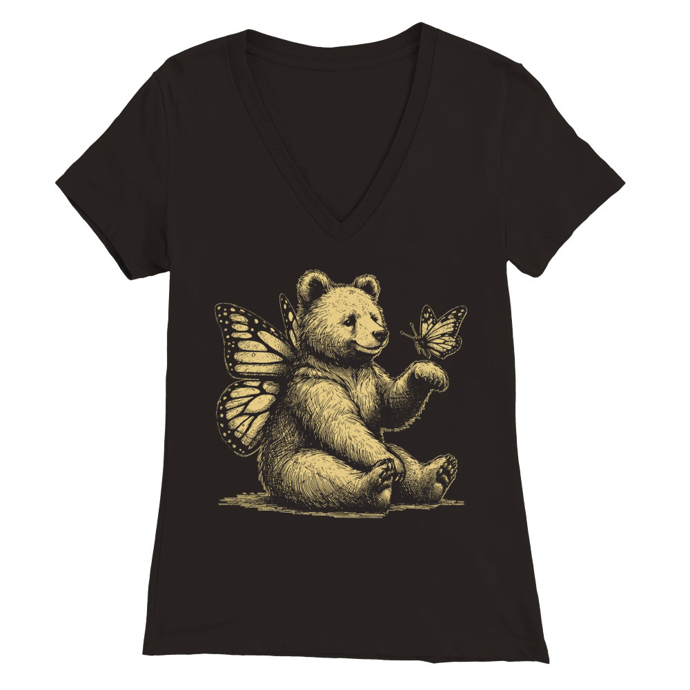 Bear With Butterfly Wings Vintage D Yellow GR Premium Womens V-Neck T-shirt