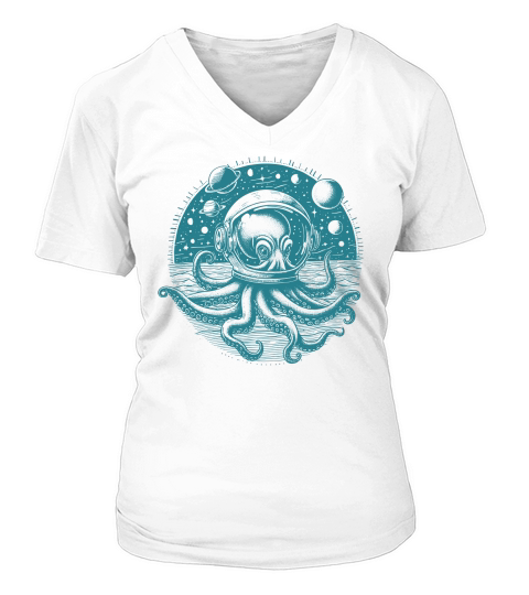 Octopus with Astronaut Helmet Green V-neck T-Shirt Woman